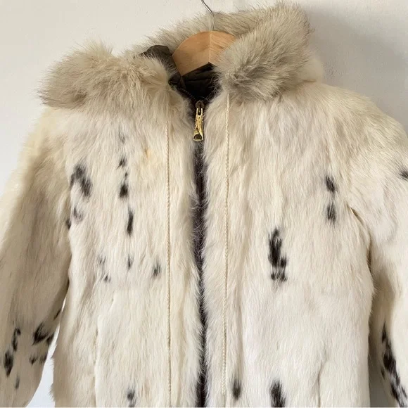 Vintage Rabbit Fur Coat Little Girls Kids Winter Hooded Jacket Cream 4 5 6